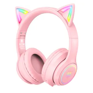 Onikuma b90 fones de ouvido sem fio bt, cancelamento de ruído, rosa, gato, orelha, rgb, microfone, estéreo, gaming, headset para meninas