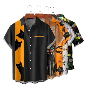 Nieuw Ontwerp Pus Maat Heren Casual Shirts Sublimatie Afdrukken Hawaiian Shirts Halloween Kat Wicking Stof Mode Revers Shirt