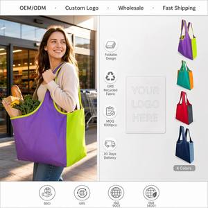 Bolsa de Compras Plegable de Color Contrastante, Bolsa de Supermercado Reutilizable con Bolsillo con Cierre a Presión, Asa Larga, Lavable y Ecológica - Product Image 1