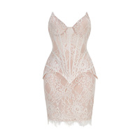 Ensemble deux pièces pour femme : Haut corset sans bretelles en dentelle à motif arêtes de poisson et jupe crayon, robe courte moulante en dentelle florale pour mariage et cocktail