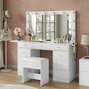 Coiffeuse avec prise <span class=keywords><strong>de</strong></span> courant, bureau <span class=keywords><strong>de</strong></span> toilette avec miroir et lumières LED, plateau en verre, ensemble <span class=keywords><strong>de</strong></span> coiffeuse, table à langer avec panneau rabattable - Product Image 2