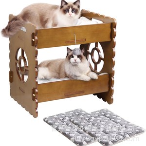 Wooden Cat <b>Bed</b> Double Layer Cat House With Faux Fur <b>Pad</b> For Cats Four Seasons Use - Product Image 1