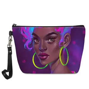 Livraison directe Black Art African Girl Printing Teen Girls Cosmetic Display Case Big Capacity Makeup Brush Bag Customized Cosmetic Bag