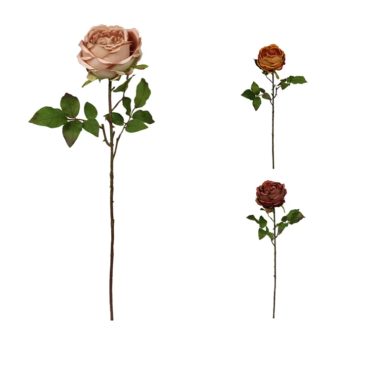 Desain baru bunga sutra buatan tunggal panjang batang mawar warna oranye untuk foto dekorasi pernikahan