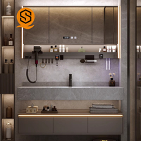 Armoire de salle de bain moderne personnalisée avec lavabo intégré Lavabo rectangulaire en céramique Combinaison de meuble de salle de bain avec miroir à LED
