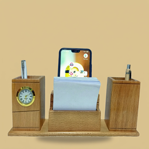 Bamboo <b>Desk</b> Organizer With Clock <b>Phone</b> Stand And Pen <b>Holder</b> Multifunction Office Gift Simple Style - Product Image 1