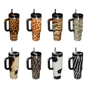 DD1754 Estilo Animal 40 oz Caneca Viagem H2.0 Cup Isolado A Vácuo Do Carro Leopardo Print Tumbler com Tampa Do Punho e Palha