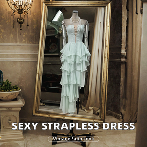 Robe élégante pour femme, style bohème décontracté, vintage, en satin lavable, coupe ajustée, col en V, ligne A, longueur ras du sol, sans bretelles, taille empire, idéale pour l'automne et le bureau. - Product Image 2