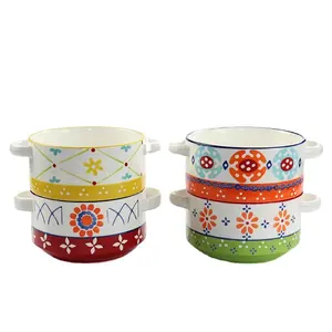 Ensemble de pots et bols à soupe en céramique de Style bohème nordique pour Ramen, citrouille, bol à riz à micro-ondes à évacuation facile, cuisson à la poignée