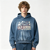 Hoodie Biru Sun Faded Vintage Wash Pria, Cetak Old School, Longgar, Musim Gugur Musim Dingin, Sweatshirt Kasual, Fashion untuk Grosir