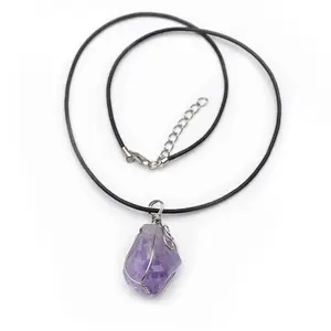 时尚饰品钢丝包裹天然紫水晶金块宝石吊坠皮绳项链