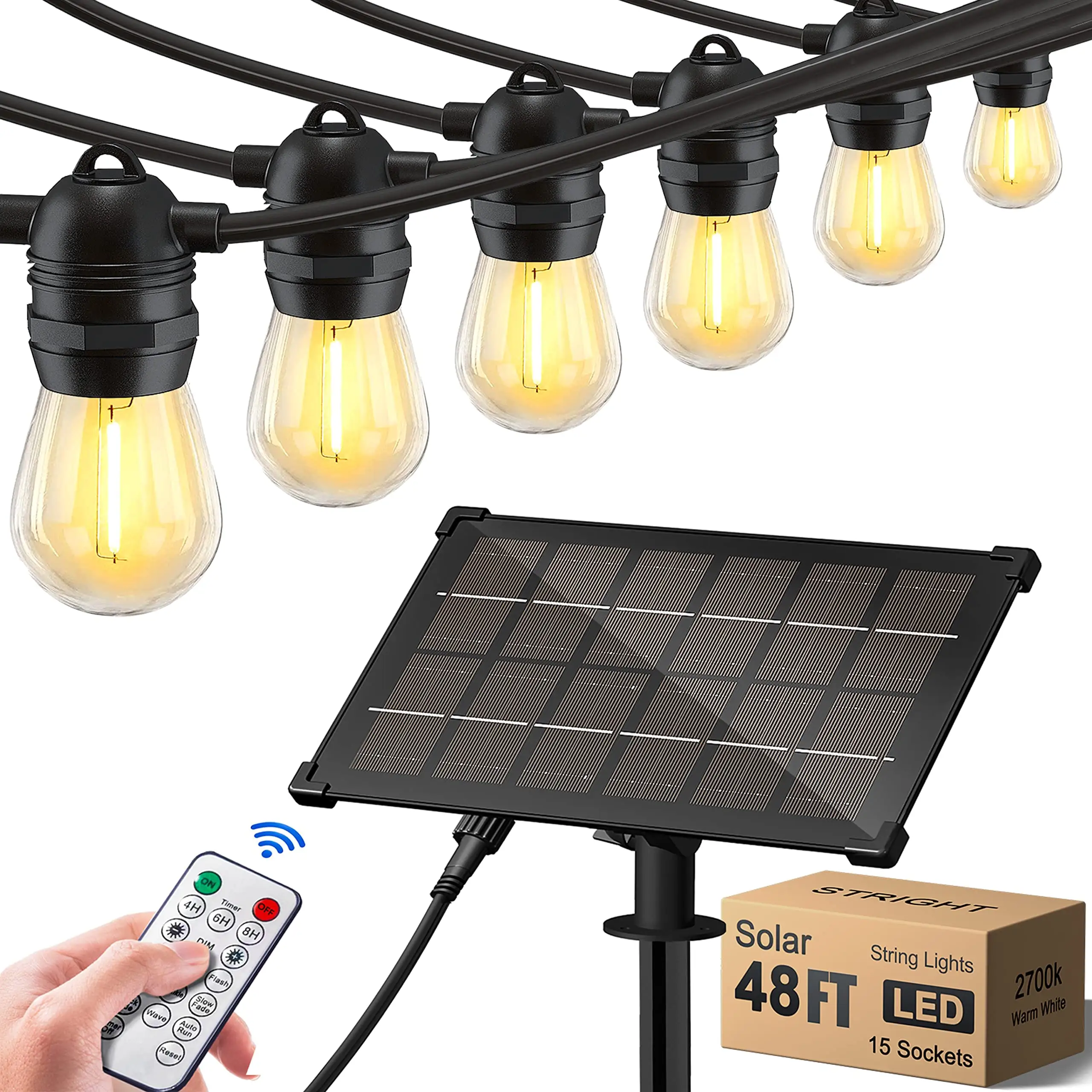 Solar String Lights with Remote Control and 8 Light Modes Weatherproof S14 LED Bulb Outdoor Strand Patio Light