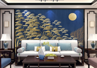 Papier peint mural personnalisé bleu marine motif roseau doré et lune, papier peint chinois moderne pour mur de fond de télévision de salon