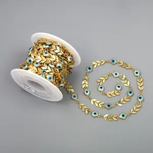 Golden Leaf Arrow and Blue Turkey Eye Beaded Roll Chain For DIY Jewellery