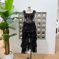 Robe de soirée longue pour femme, col carré, dentelle, volants, style gâteau, pour banquets et fêtes