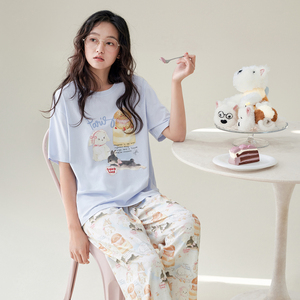 Conjunto de Pijama Feminino de Algodão de Manga Longa Pronto para Envio, 2 Peças com Sutiã, Estampa Floral, Roupas de Lazer para o Verão - Product Image 1