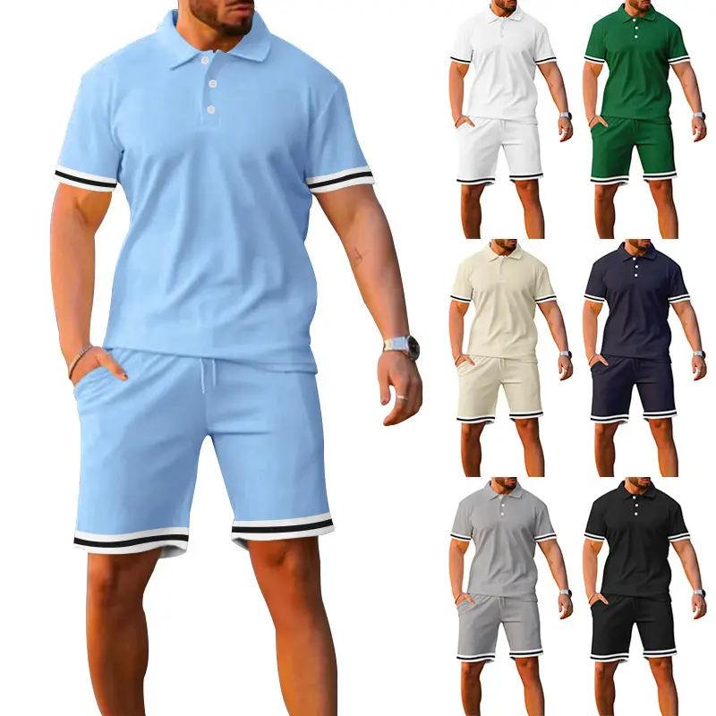 कॉन्यसन समर कैज़ुअल डिज़ाइनर हॉट सेल कस्टम कपड़े पुरुष लोगो पोलो टी शर्ट शॉर्ट्स सॉलिड कलर पुरुषों का बटन दो पीस पुरुष सेट