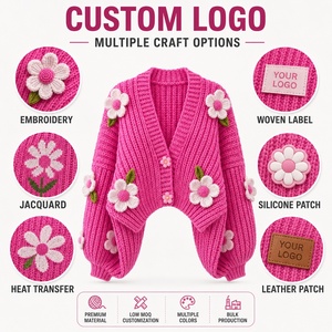 Cárdigan de punto grueso de manga larga para mujer, diseño de <span class=keywords><strong>flores</strong></span> bordadas <span class=keywords><strong>con</strong></span> lazo rosa y técnicas de ganchillo, cuello en V, ideal para invierno. - Product Image 3