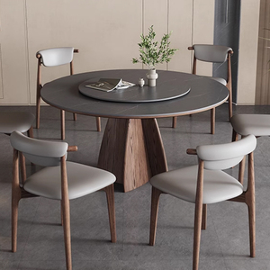 Bàn tròn gỗ rắn với bàn xoay hiện đại tối giản nhà mới Gỗ Óc Chó Màu đá tấm tròn bàn ăn QY-T8028 - Product Image 3