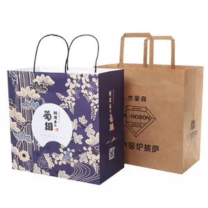 Bolsas de papel artesanales con mango reforzado respetuosas con el medio ambiente, 100% reciclables, Logo impreso personalizado, fondo sólido, marrón