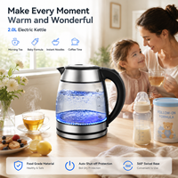 Bouilloire Électrique en Verre 2.0L 1500W avec LED Bleue, Chauffe-Eau en Acier Inoxydable, Prise EU, Fabricant OEM Personnalisé, Vente en Gros