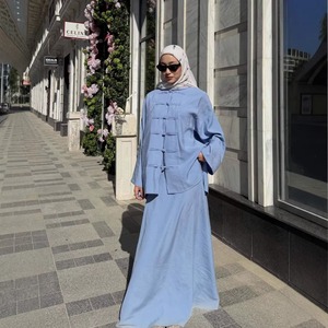 2026 Wholesale Summer Neo-Chinese <strong>Linen</strong> 2 Piece Set Frog Button Tunic and <strong>Maxi</strong> <strong>Skirt</strong> Periwinkle Modest Women Elegant Suit - Product Image 1