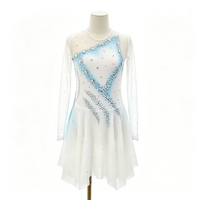 Robe de patinage et de danse bleu clair à col rond, manches longues en maille, dos découpé avec strass pour enfants et adultes, compétition et performance
