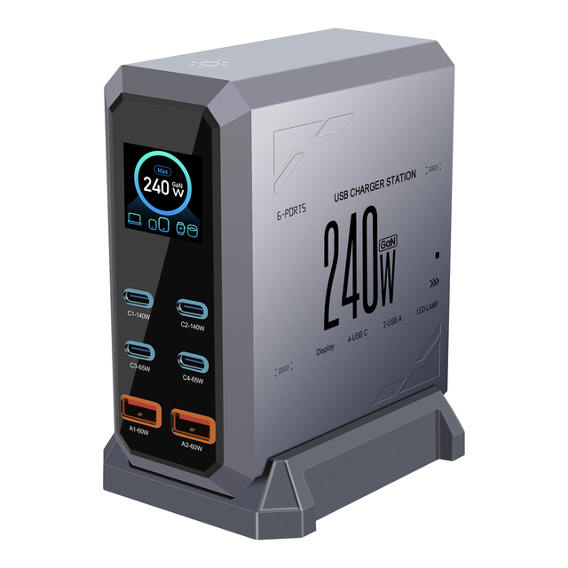 Factory Wholesale 240w 6 Port GAN Charger Digital Display 4C2A Charger Station US EU UK AU for Laptop Mobile Phone