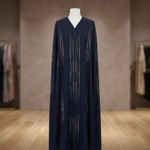 Abaya de luxe bleu marine à cascade de cristaux, coupe trapèze avec taille naturelle - Product Image 3