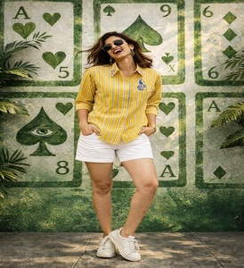 Camisa de Rayas Amarillas Antiarrugas Ecológica de Mezcla de Poliéster/Algodón con Bolsillo Bordado, Estilo Casual/Primavera/Verano - Product Image 1