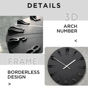12 Zoll schwarze Billigste Kunststoff Unregelmäßig Innovative Wanduhr Heim dekoration 3D Zahlen Runde Moderne Uhren Benutzer definierte Leise Quarz