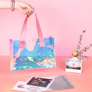 Özel Logo holografik kozmetik çantası temizle makyaj çantası yanardöner çanta şeffaf moda çanta sihirli renk Tote Bag4