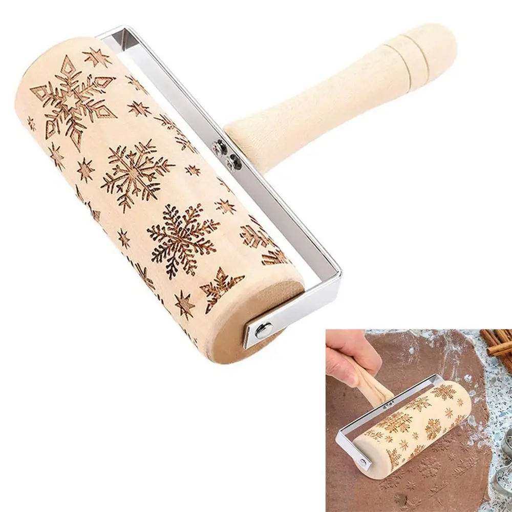 Natural Christmas Engraved Wooden Embossed Kitchen Rolling Pin with Handle Baking Cookie