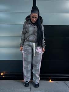 Vintage Custom Street Style Activewear Distressed Drawstring Acid-Washed Loose-Fit Letter <strong>Embroidery</strong> Pullover Hoodie <strong>Set</strong> - Product Image 6