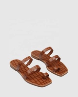 Sandales plates pour femmes en cuir gaufré croco à bout carré, sandales tendance pour l'été