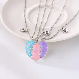 3pcs/Set Best Friend Necklace Magnetic Heart Sprinkle in Heart Pendant Brightness Best Friend BFF Necklace For Girls Besties