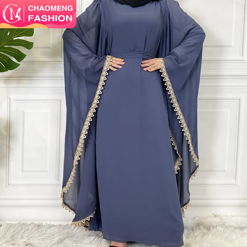 6529# Solid Abaya Jilbab Styles With Lace Fashion Butterfly Chiffon Long Sleeve Maxi Muslim Dress