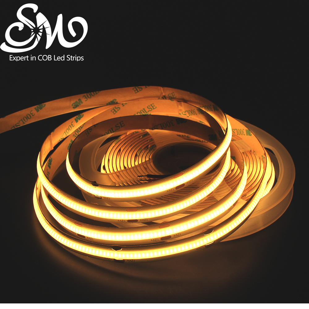 Dimmable 320 LEDs/m COB LED Strip Light 12V 24V IP20 5m Roll CRI90 Dotless Tape for Cabinet Ceiling Indoor Lighting