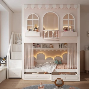 Bộ giường tầng trẻ em chất lượng cao, giường tầng công chú<span class=keywords><strong>a</strong></span> cho bé gái, giường tầng đôi bằng gỗ cho trẻ em có cầu trượt - Product Image 6