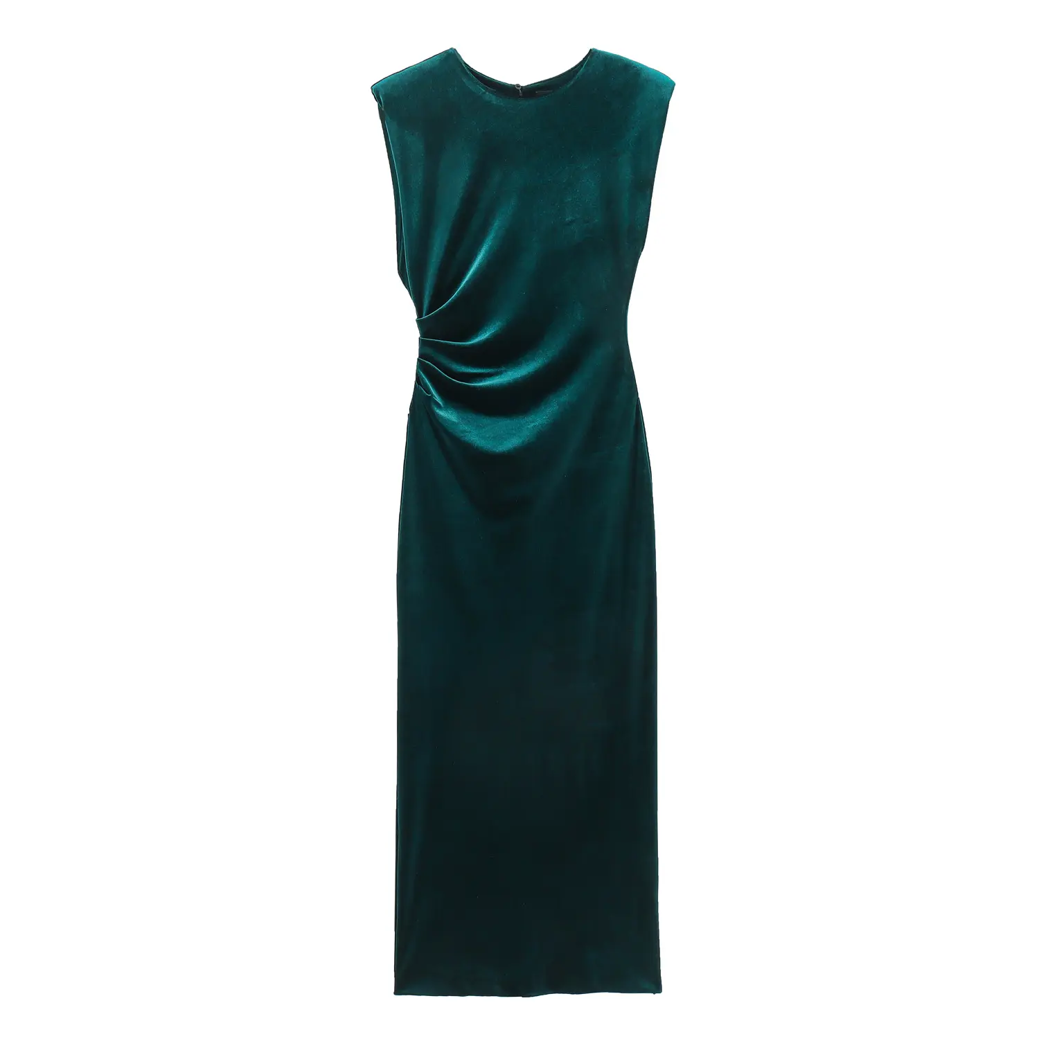 क्रू नेक हरे रंग की स्लीवलेस साइड प्लीटेड कैज़ुअल फैशन महिलाओं की मैक्सी वेलवेट ड्रेस