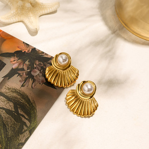 Pearl <b>Stud</b> <b>Earrings</b> Gold Plated Fan Shape Bezel Set Everyday Wear - Product Image 4
