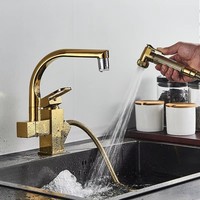 Robinet de cuisine de luxe en laiton doré avec douchette extractible, mitigeur eau chaude et froide à poser sur comptoir pour projets hôteliers (vente en gros)