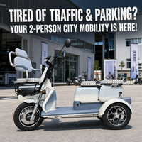 Tricycle électrique motorisé rétro-moderne à 2 places pour la mobilité urbaine, avec éclairage LED, panier avant et roues en alliage