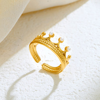 Modischer Kronenring, Anlaufgeschützter Schmuck, 18k Vergoldeter Hypoallergener Edelstahl-Perlenring TGJZ4329