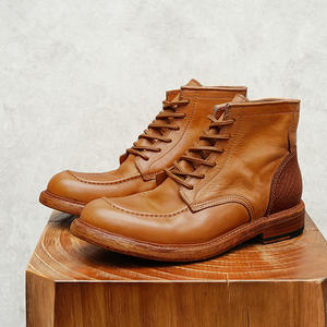 Bottes marron de haute qualité à lacets pour hommes, mocassins en cuir britannique lavé, style rétro, cousu Goodyear, brogues faits main - Product Image 2