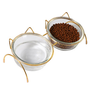 Glass <b>Cat</b> Bowl Elevated Transparent Double Wall <b>Feeder</b> For <b>Cats</b> With Gold Stand - Product Image 3