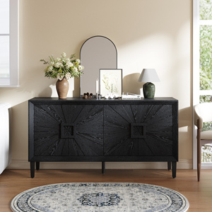 Premium Rustic American Farmhouse Credenza 60 In Black Symmetrical Sunburst Door Design Heavy Duty TV Stand - Product Image 2