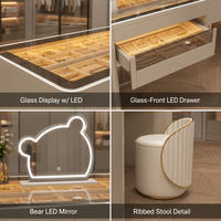 Coiffeuse de chambre en bois massif crème avec tabouret, plateau en verre avec éclairage LED, 3 tiroirs avant, étagères ouvertes, miroir LED intégré et ouverture pour les genoux