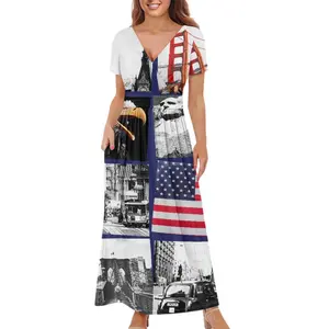 Personalized Custom American Memory Pictures Patchwork Street Women's Short Sleeve V-Neck Wrap Waist Maxi Dress Drop Shipping