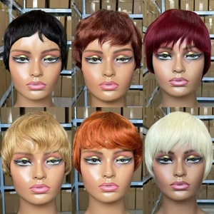 Perruque <span class=keywords><strong>courte</strong></span> bouclée style bob pour femmes noires, <span class=keywords><strong>coupe</strong></span> pixie avec frange, <span class=keywords><strong>cheveux</strong></span> vierges brésiliens, perruques bon marché fabriquées à la machine - Product Image 2